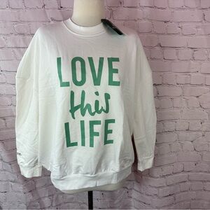 NWT arbonne LOVE THIS LIFE boxy over sized fleece jumper Sweatshirt womens XS